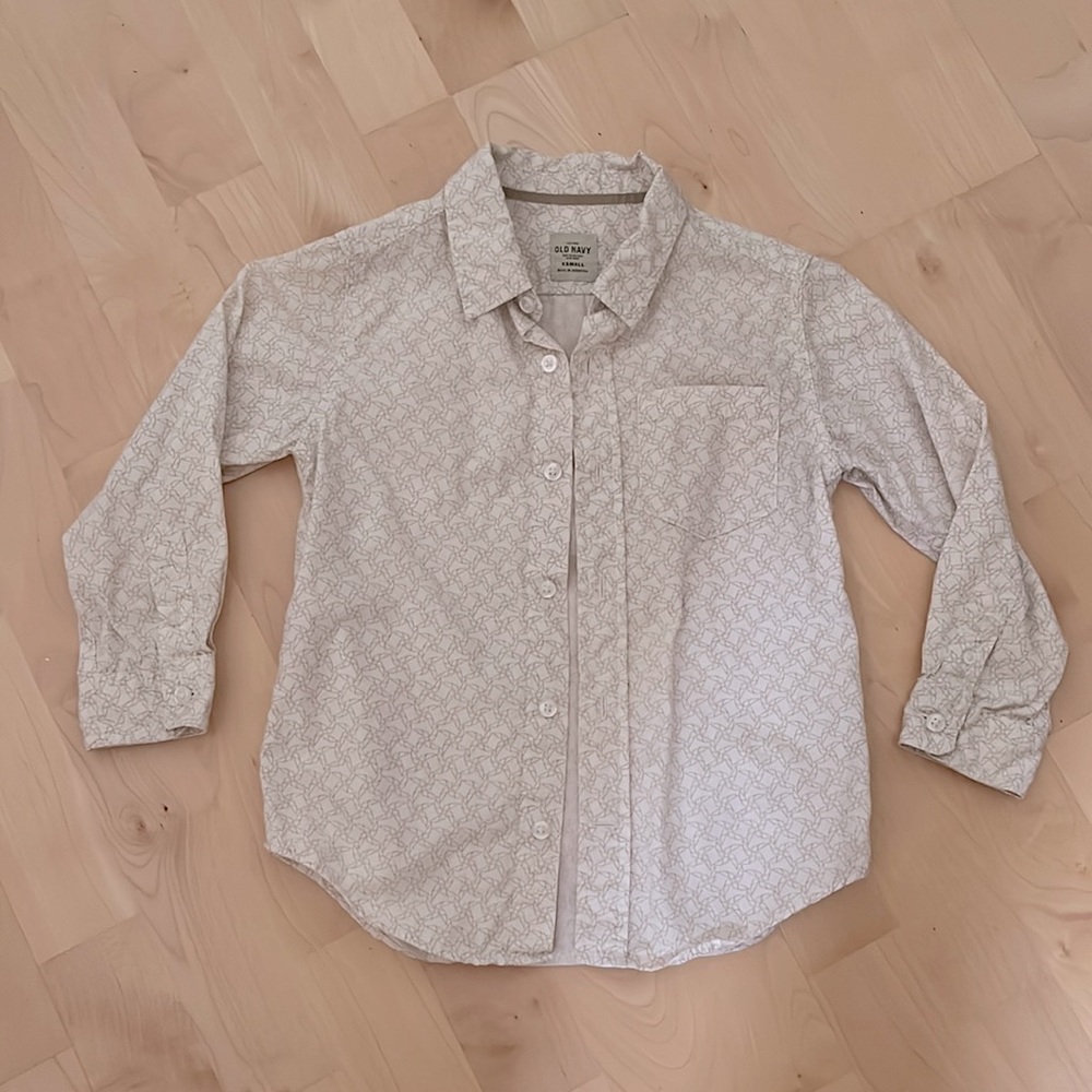 Old Navy White Cotton Shirt Kids XS 100% Cotton Tan Pinwheels